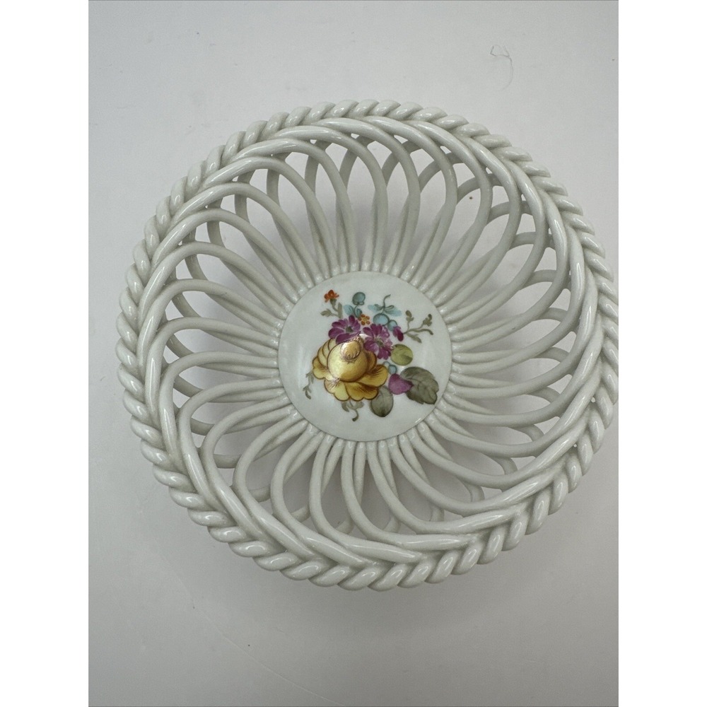 Herend Bowl Queen Victoria Open Weave Reticulated Floral Flowers Basket 4.5" VTG